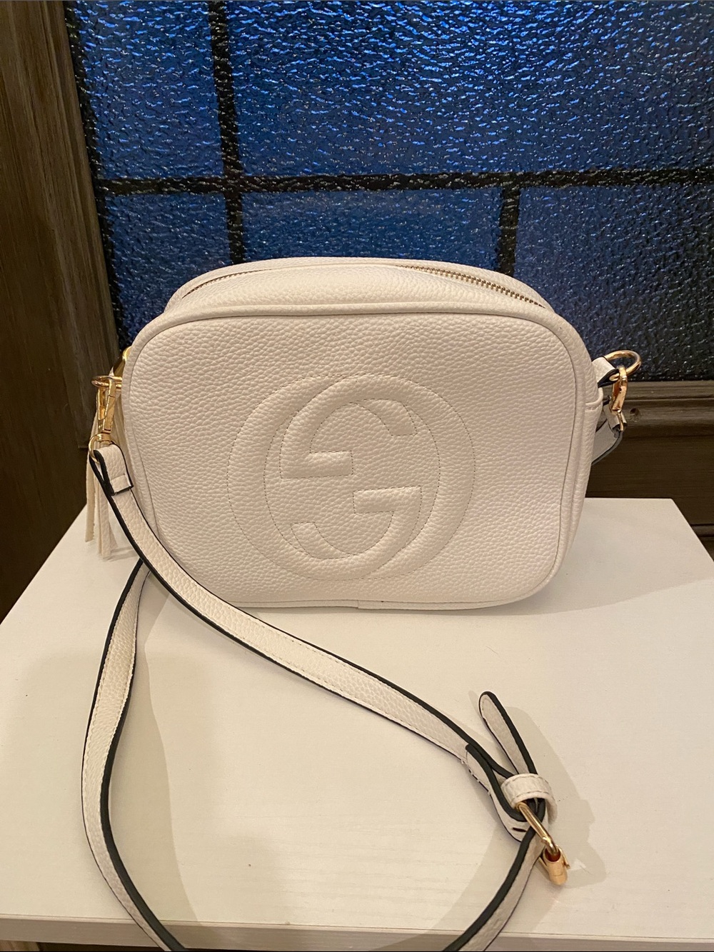 White Leather Crossbody Camera Bag with Embossed Logo